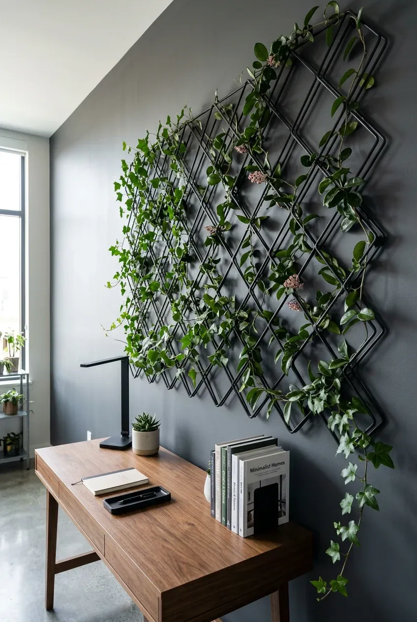 A black geometric metal grid on a grey wall with climbing ivy vines creating a living art piece.