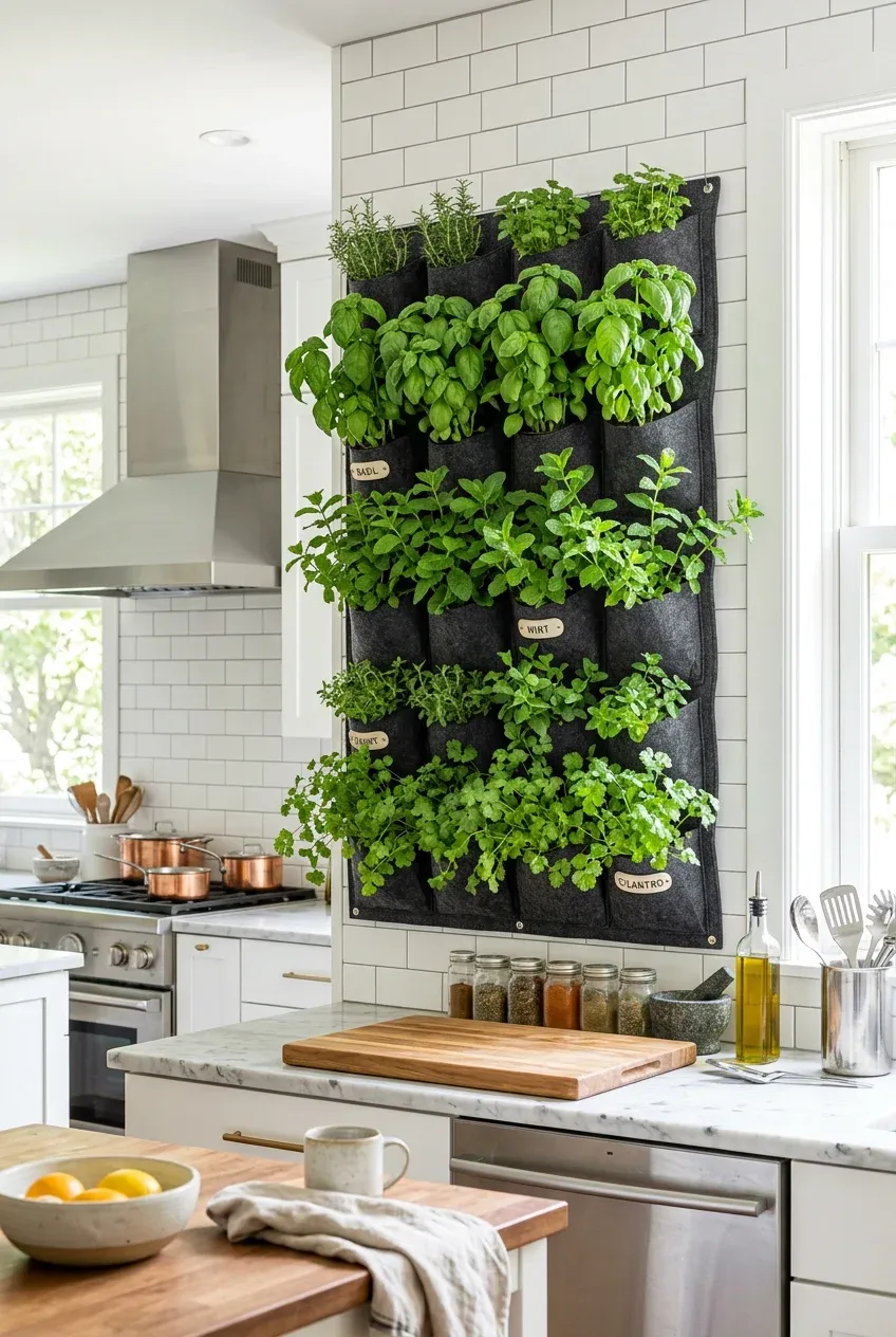 A vertical felt pocket planter on a kitchen wall filled with fresh green herbs like basil and mint.