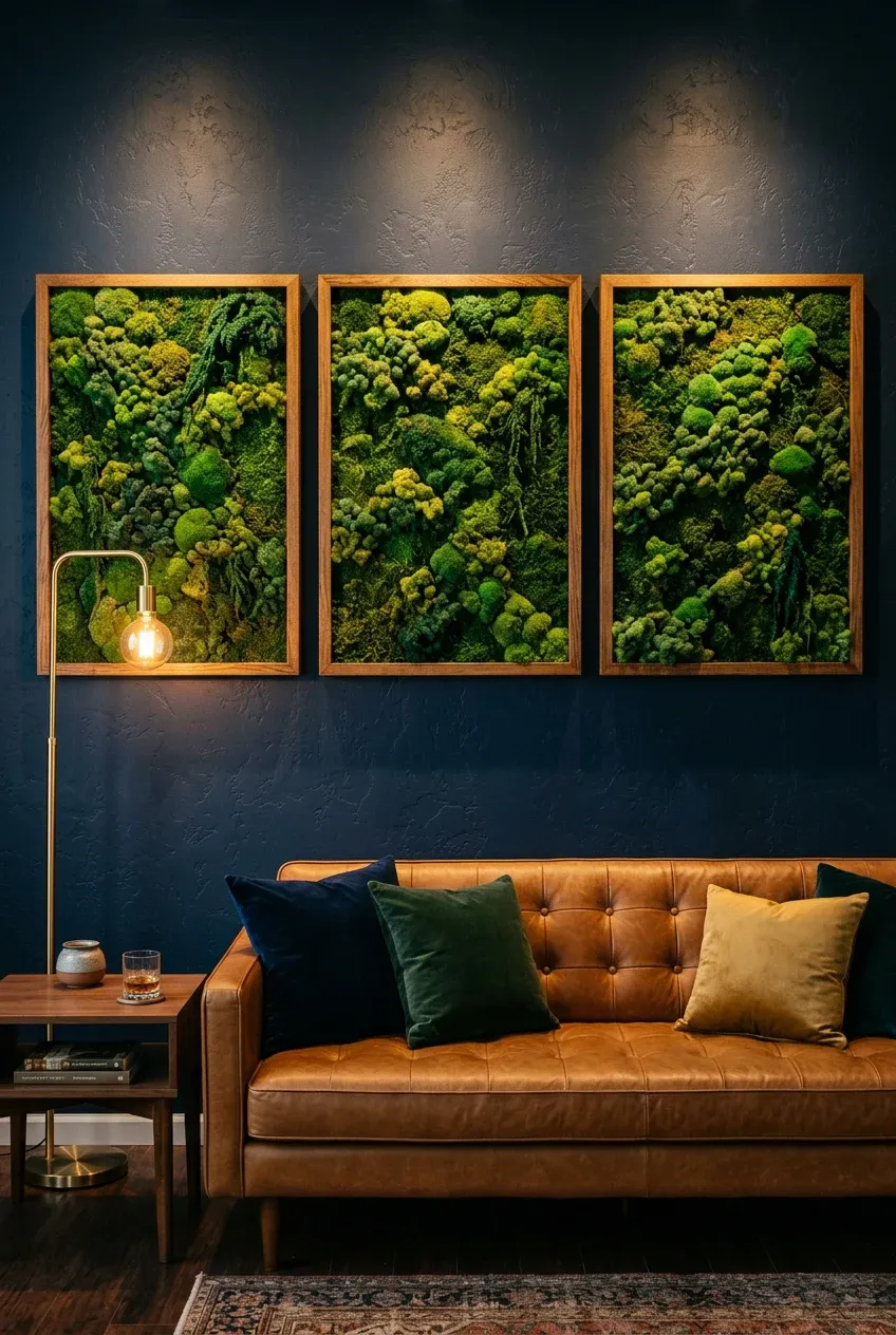 Three wooden frames containing textured green preserved moss art hanging on a dark blue wall.