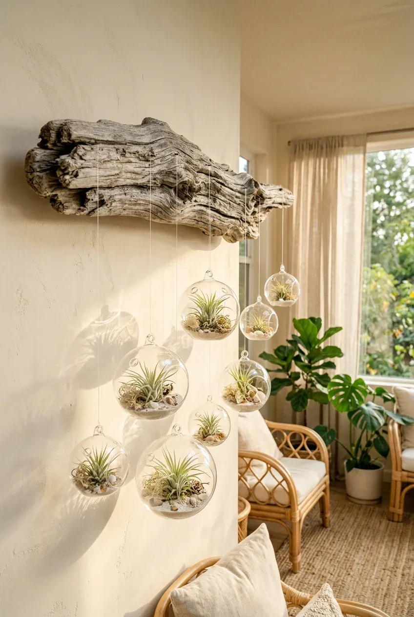 Glass terrariums with air plants hanging from a piece of driftwood mounted on a cream wall.
