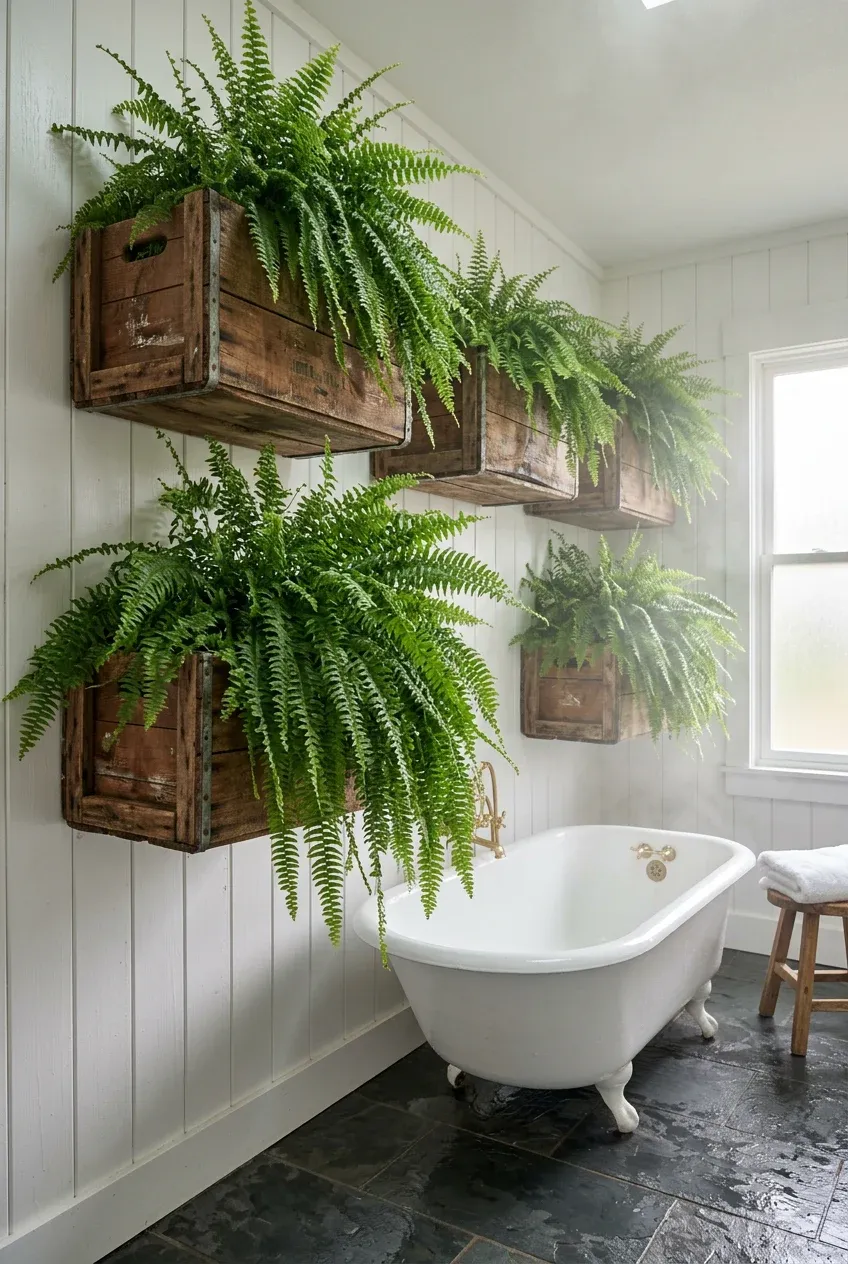Large Boston ferns growing out of rustic wooden crates mounted on a white shiplap bathroom wall.