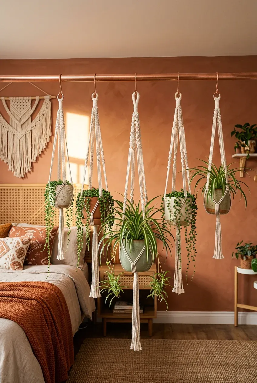 Macrame plant hangers suspended from a copper rod on a terracotta wall, holding trailing indoor plants.