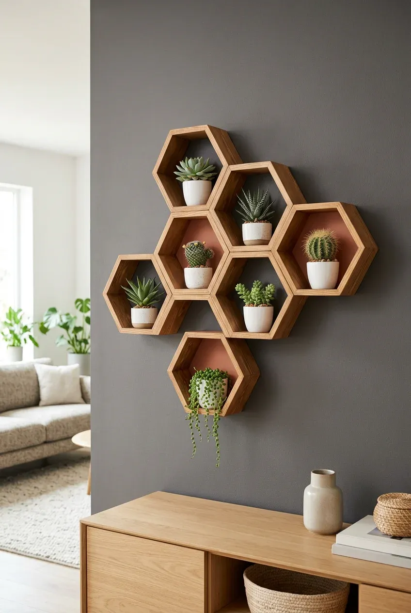 Geometric wooden honeycomb shelves on a gray wall holding various small succulents in a modern room.