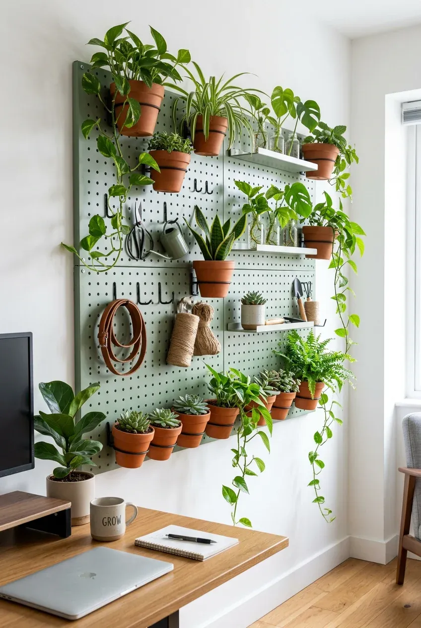A sage green metal pegboard on a white wall organized with various potted plants and gardening tools.