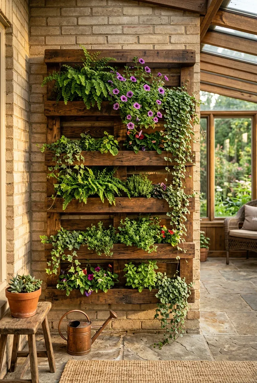 A rustic wooden pallet repurposed into a wall planter overflowing with trailing green vines and flowers.