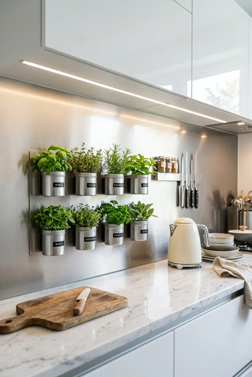 Small metal tins containing fresh herbs attached to a stainless steel magnetic kitchen backsplash.
