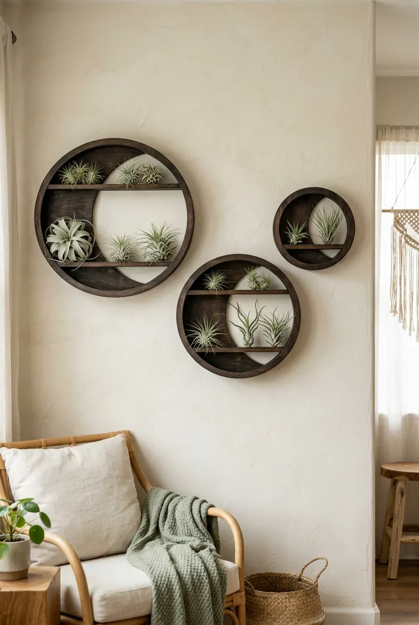 Three circular dark wood moon shelves on a cream wall displaying various spiky air plants.