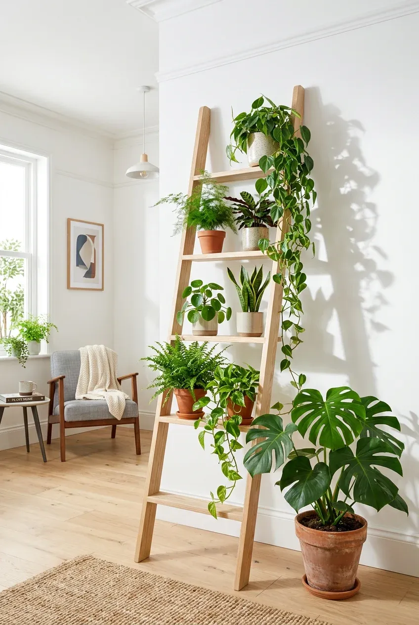 A light wood ladder shelf leaning against a white wall, filled with various indoor plants and trailing vines.