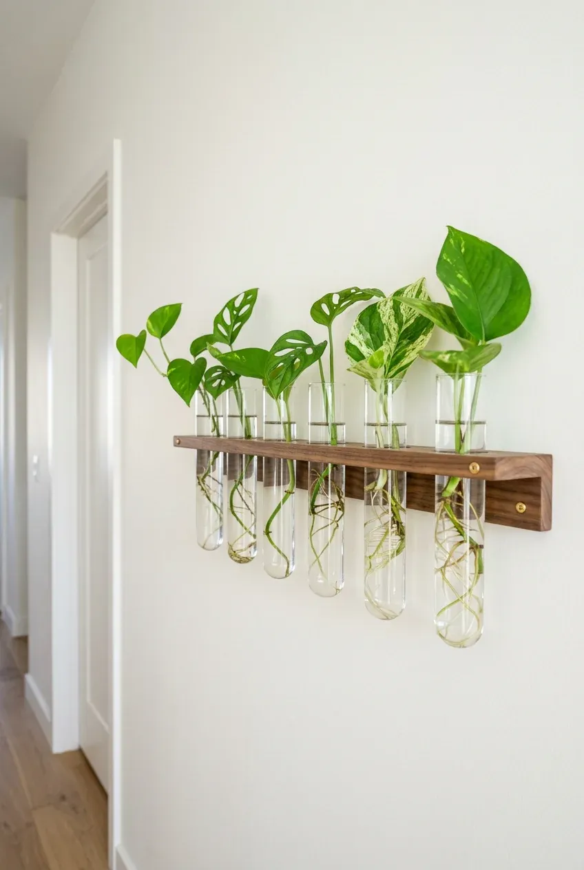 A wooden wall rack holding glass tubes with plant cuttings growing roots in water.