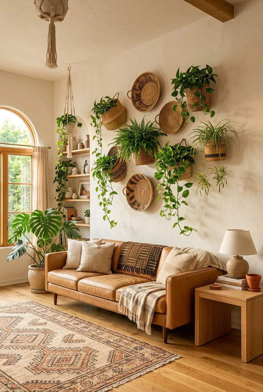 A collection of textured woven baskets used as wall planters with trailing green vines in a bright living room.