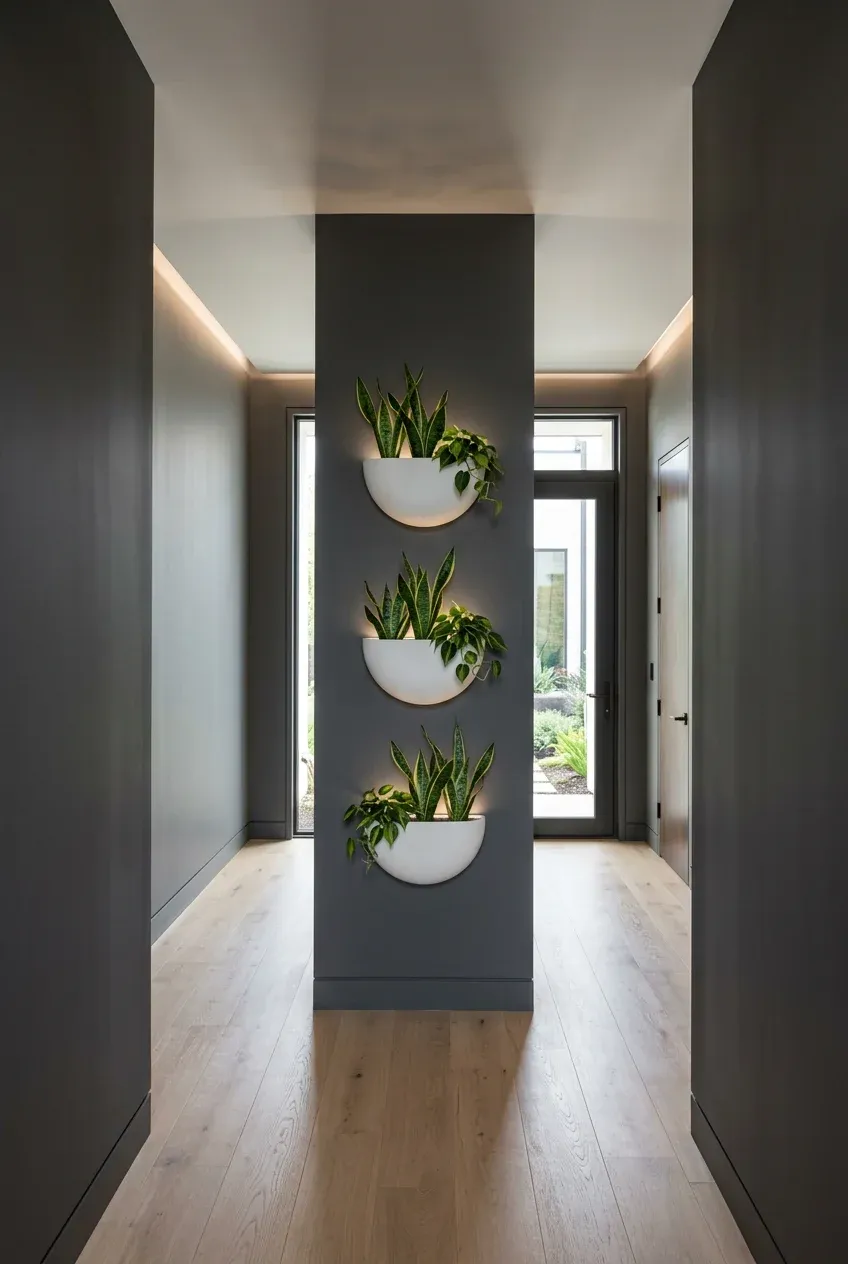 Three white minimalist ceramic wall sconces with snake plants mounted vertically on a dark grey wall.