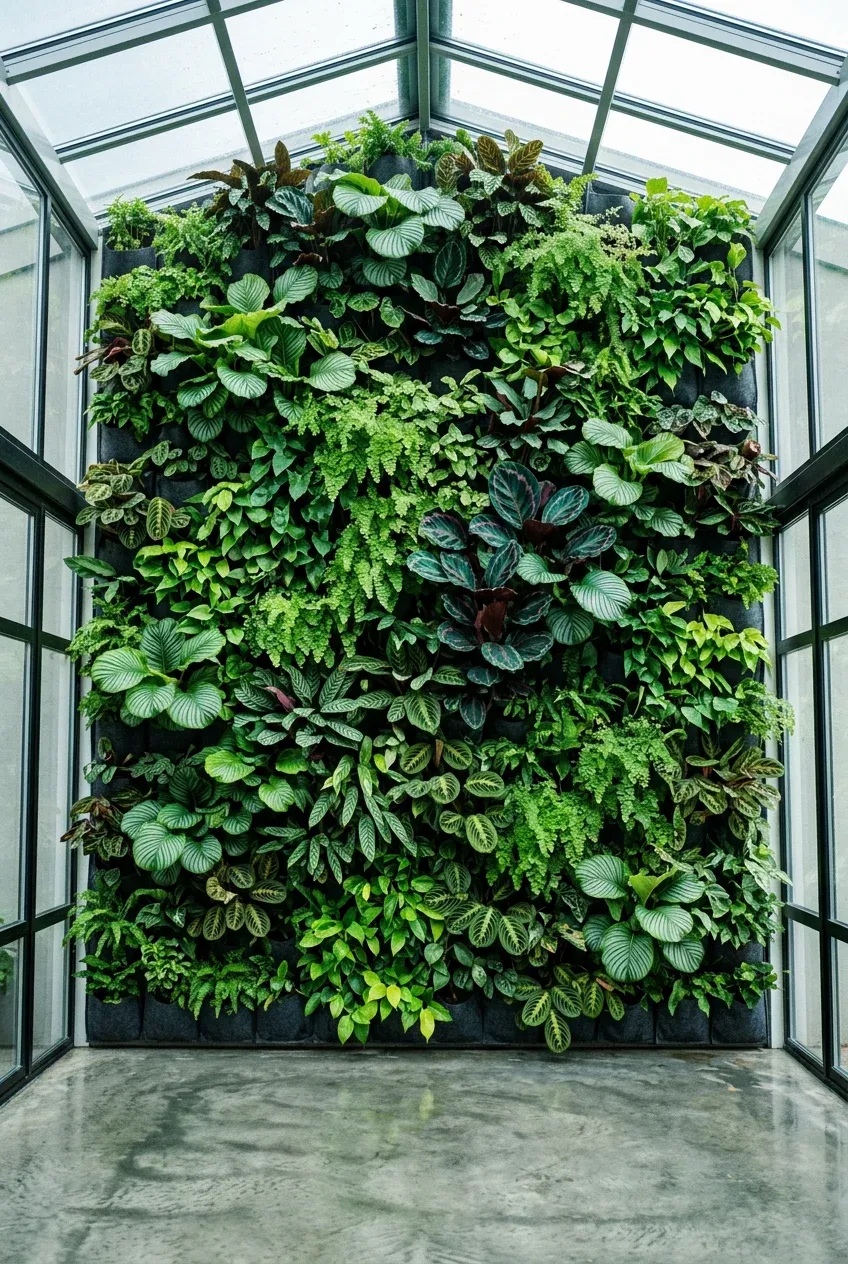 A lush, floor-to-ceiling vertical garden made of felt bags filled with various tropical ferns and calatheas.