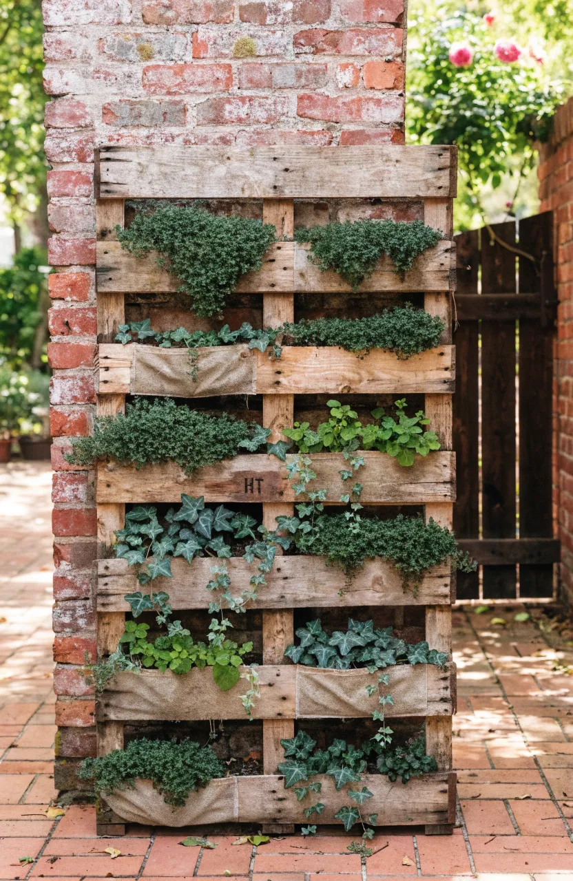 A rustic wooden pallet leaning against a brick wall, overflowing with green herbs and ivy.
