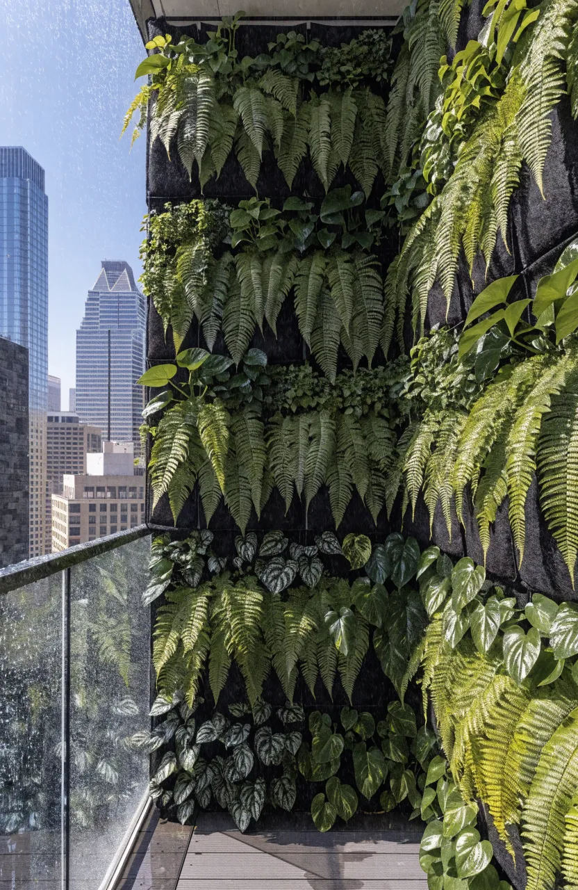 A lush wall of green plants growing out of black felt pockets on a modern urban balcony.