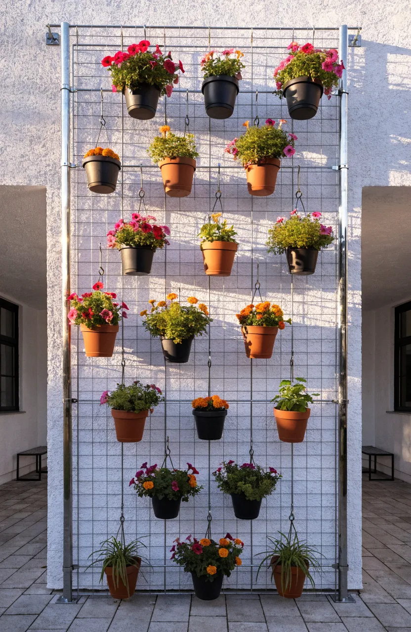 A metal grid mounted on a white wall with various pots hanging from silver S-hooks.