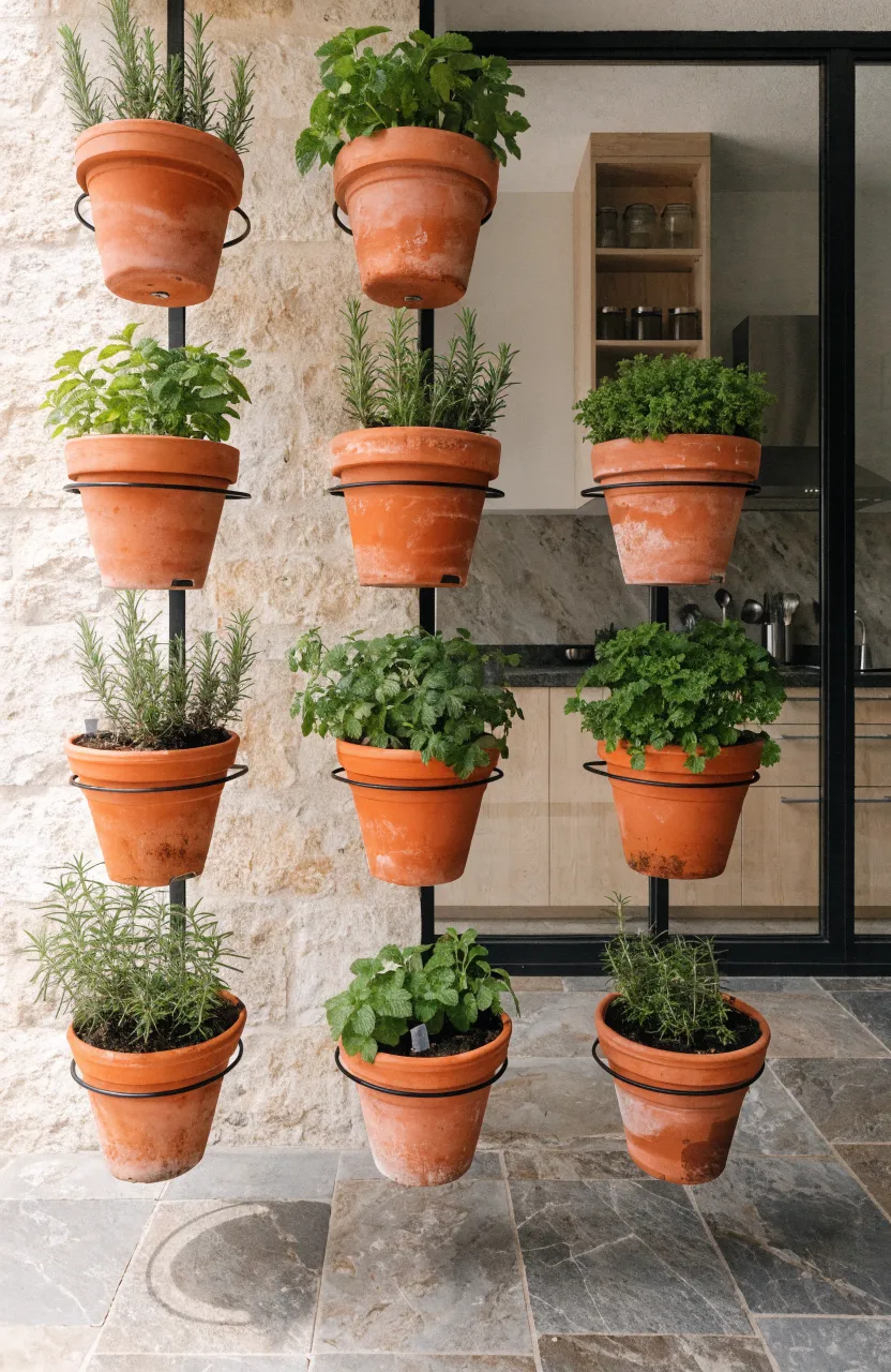 A grid of terracotta pots containing fresh herbs mounted on an outdoor stone wall.