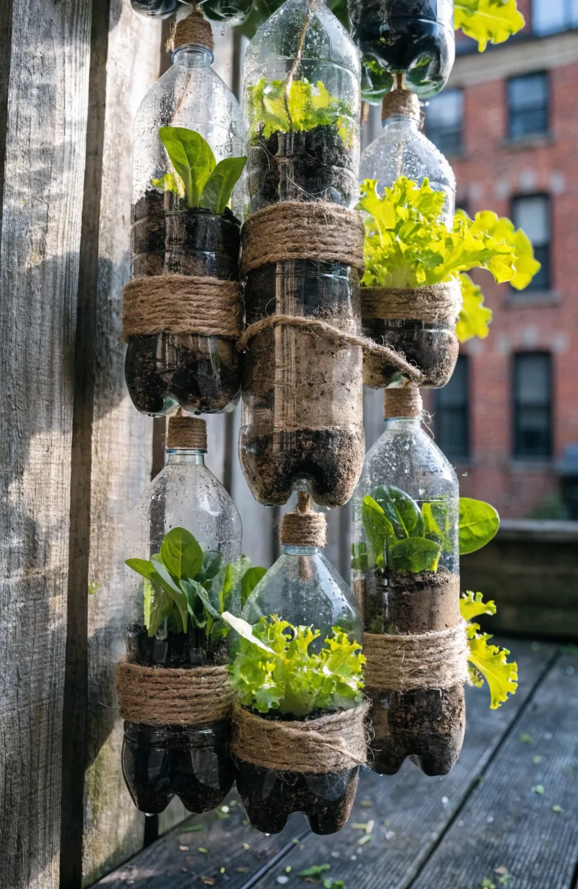 Hanging columns of recycled plastic bottles used as planters for lettuce on a wooden fence.