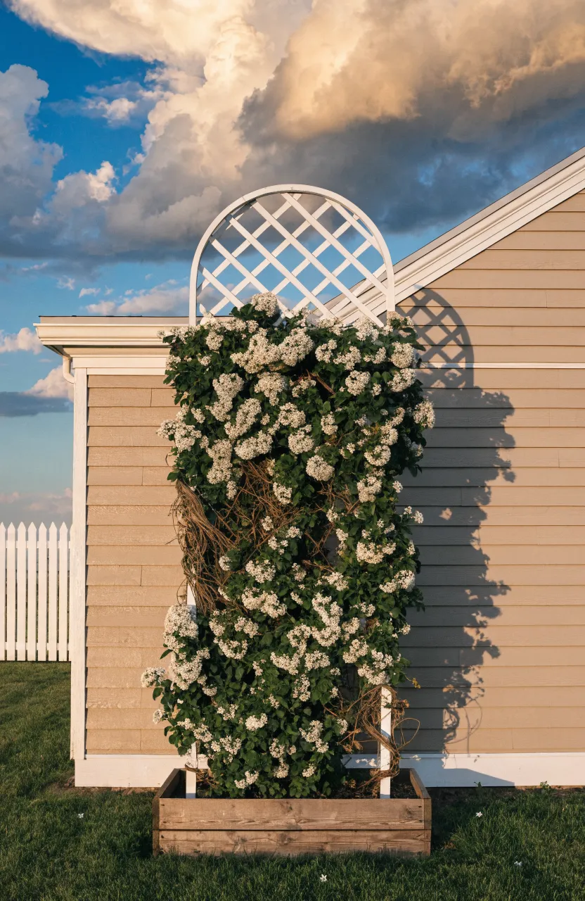 A white lattice trellis covered in flowering jasmine vines against a beige house wall.