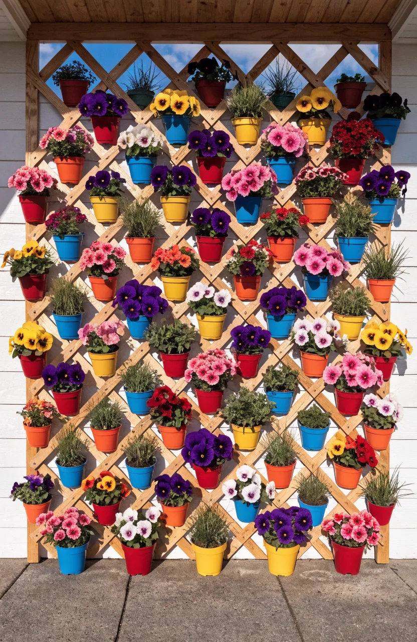 A wooden lattice wall covered in many brightly colored small flower pots with various blooming plants.