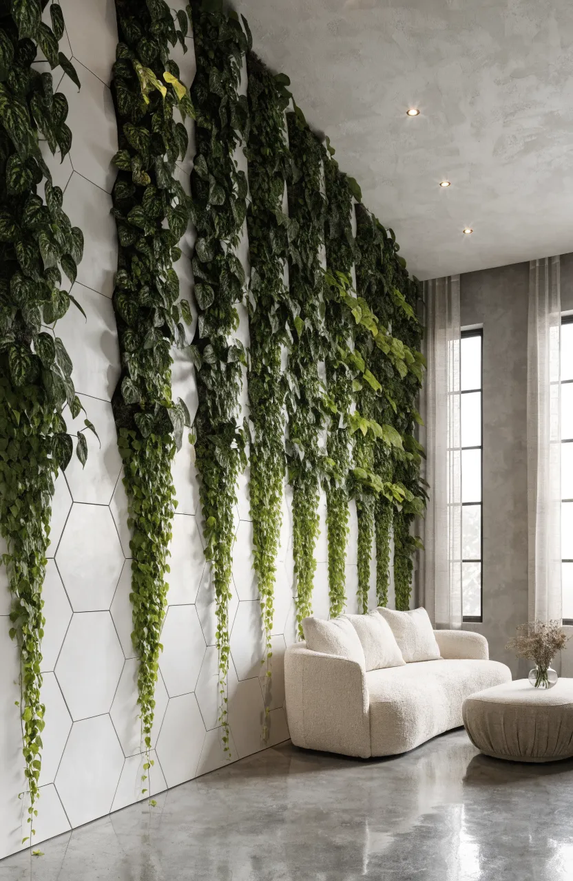 A modern living room with a wall of white hexagonal modular planters filled with cascading green tropical plants.