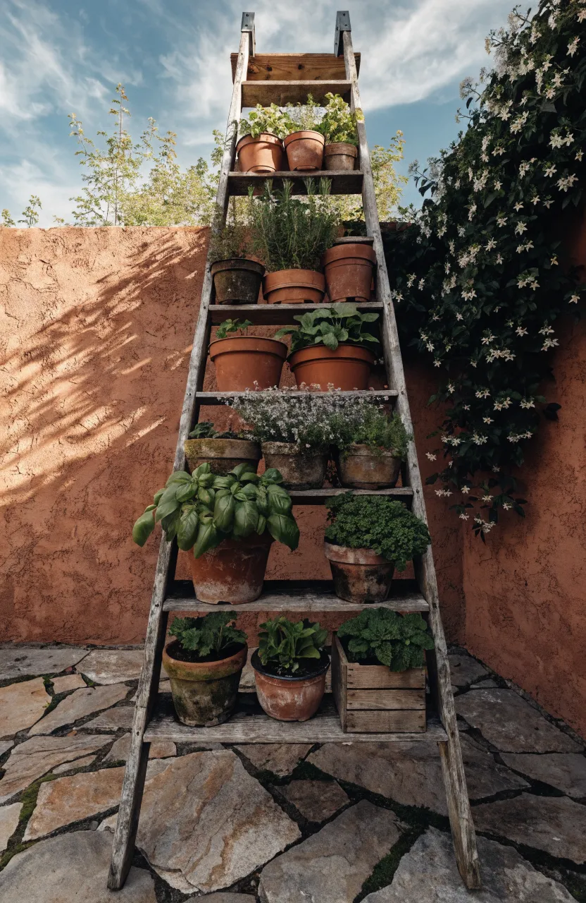 An old wooden ladder leaning against a wall, used as a stand for many terracotta pots filled with fresh herbs.
