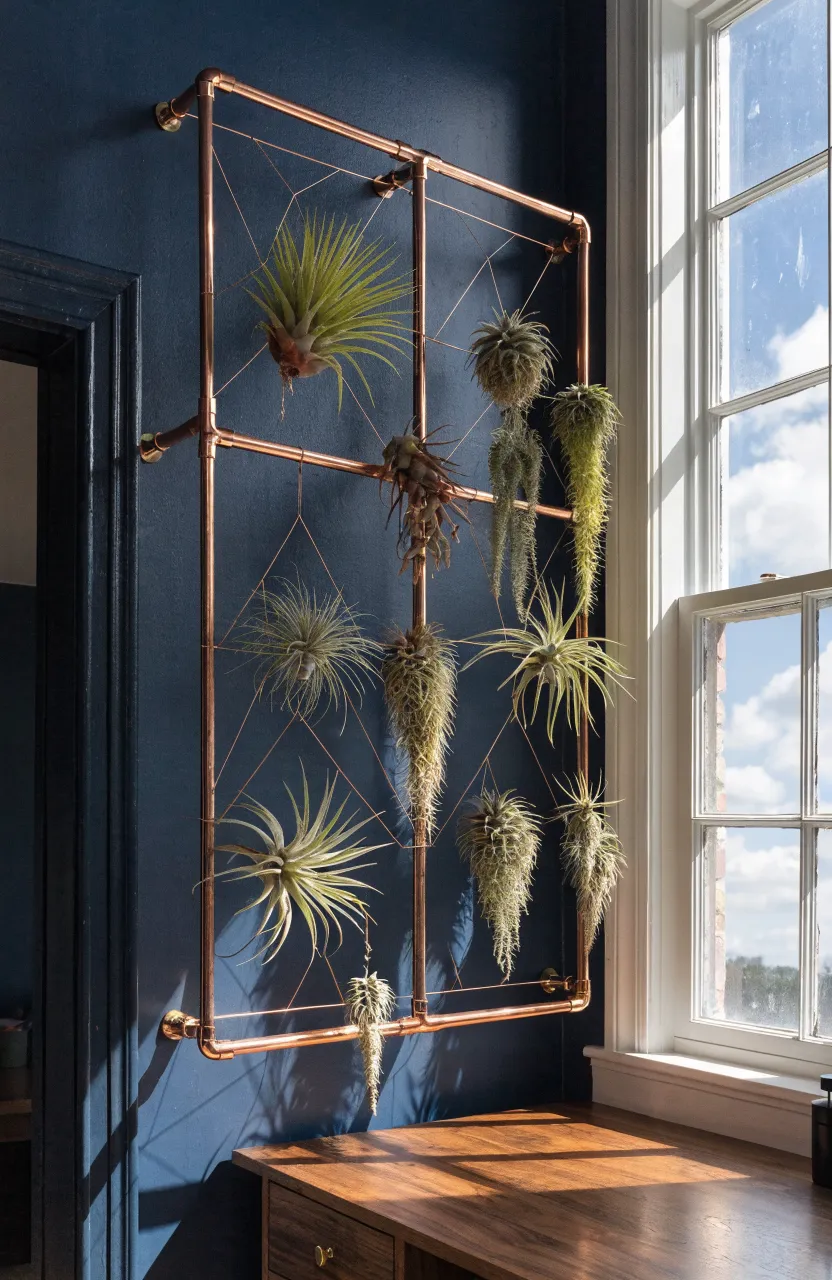 A minimalist copper pipe frame mounted on a dark wall holding several soil-free air plants.