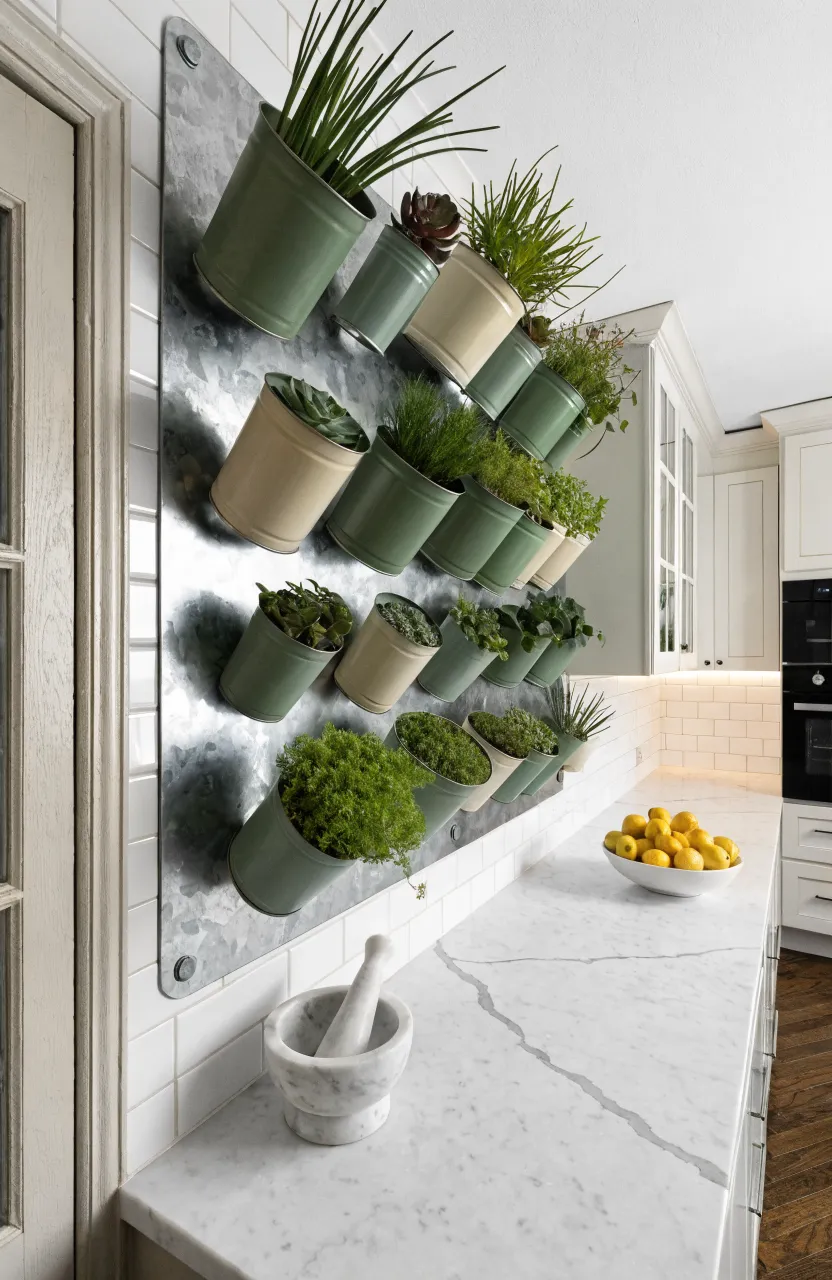 A metal sheet on a kitchen wall with several painted tin cans attached magnetically, holding small green plants.