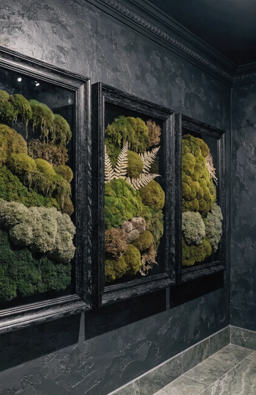 Three black shadow box frames on a dark wall containing lush, textured arrangements of preserved green moss and ferns.