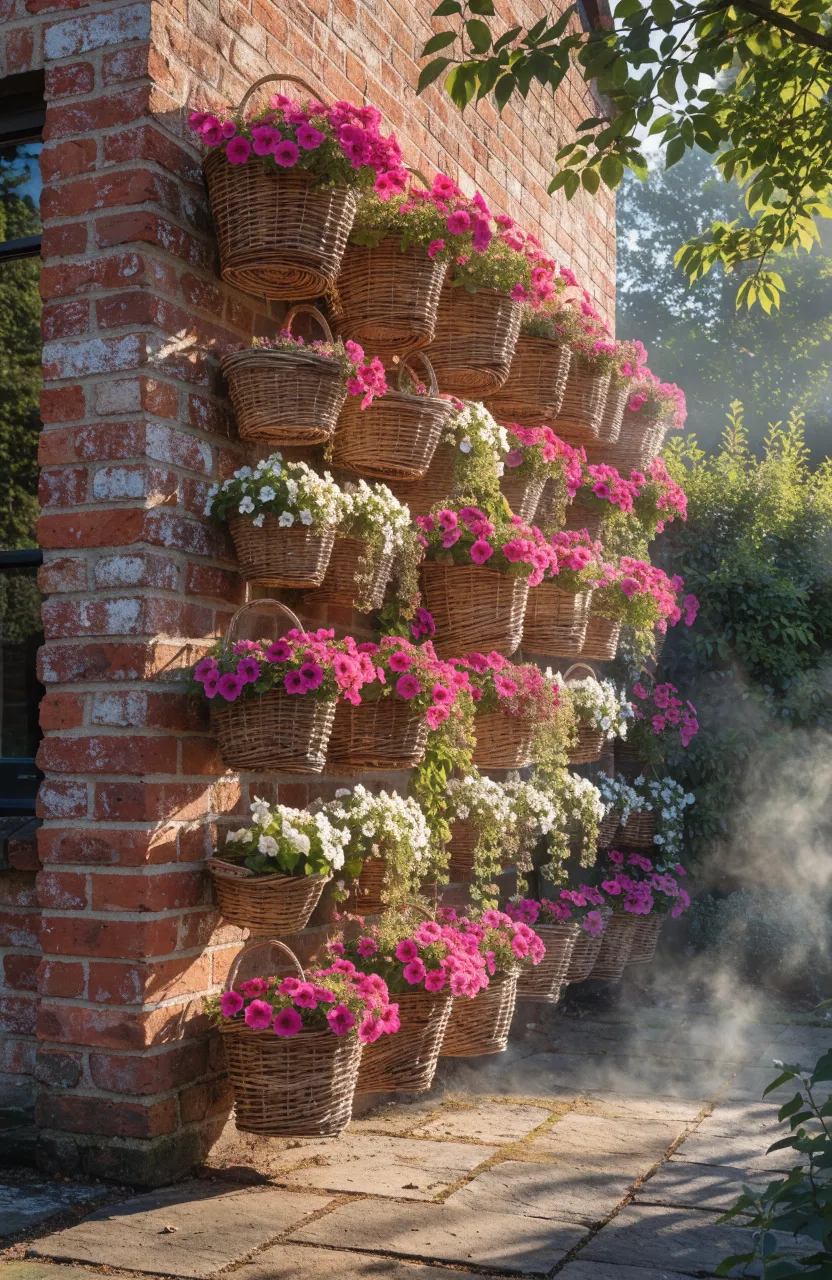 Woven willow baskets filled with pink and white flowers mounted on a rustic red brick wall.