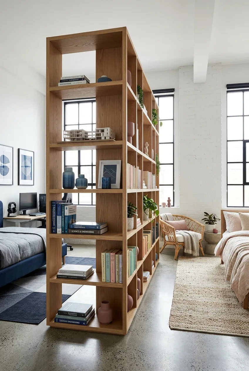 A tall open wooden bookshelf dividing a shared bedroom into two distinct, personalized zones.