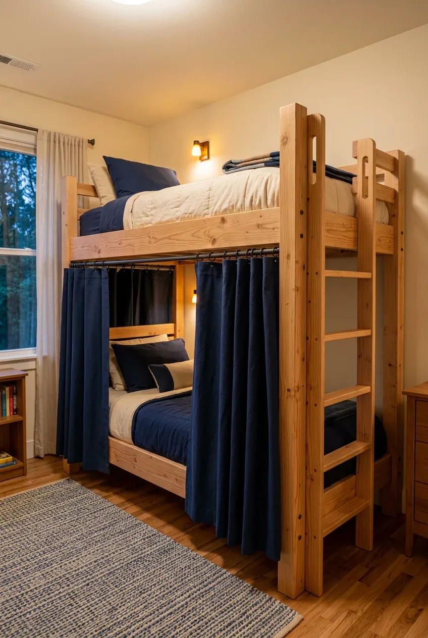 Sturdy wooden bunk beds with navy blue privacy curtains and built-in reading lights.