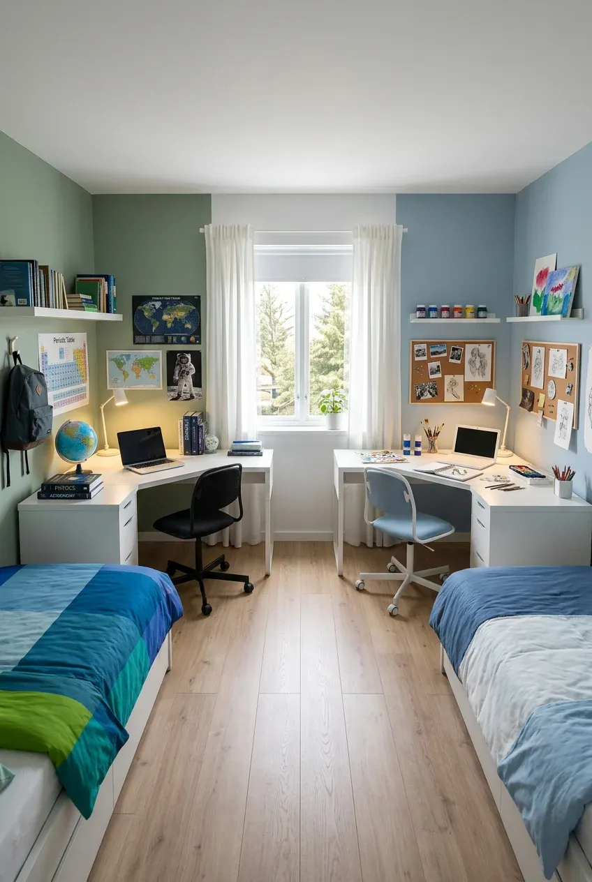 Two separate study desks positioned in opposite corners of a shared bedroom for privacy.
