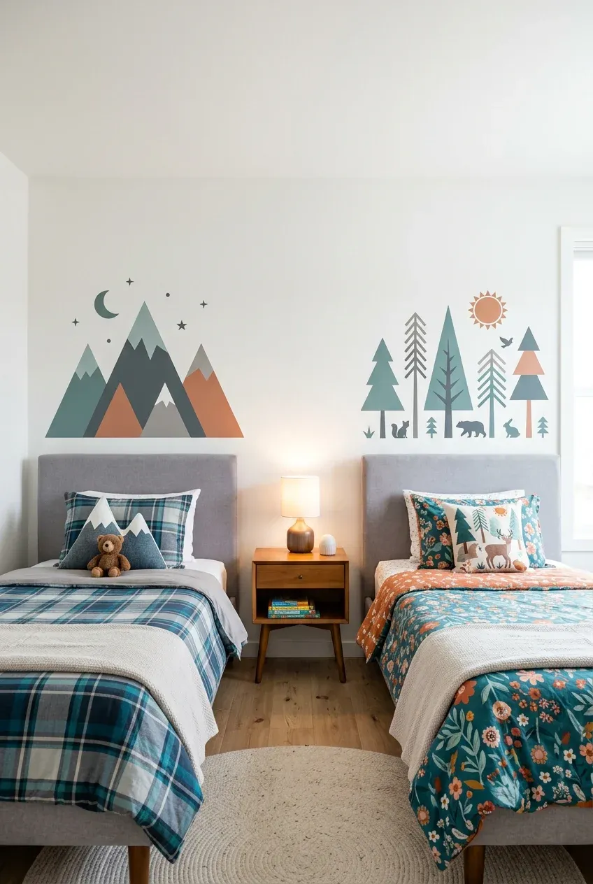 Symmetrical mountain and forest wall decals used to define separate areas in a shared bedroom.