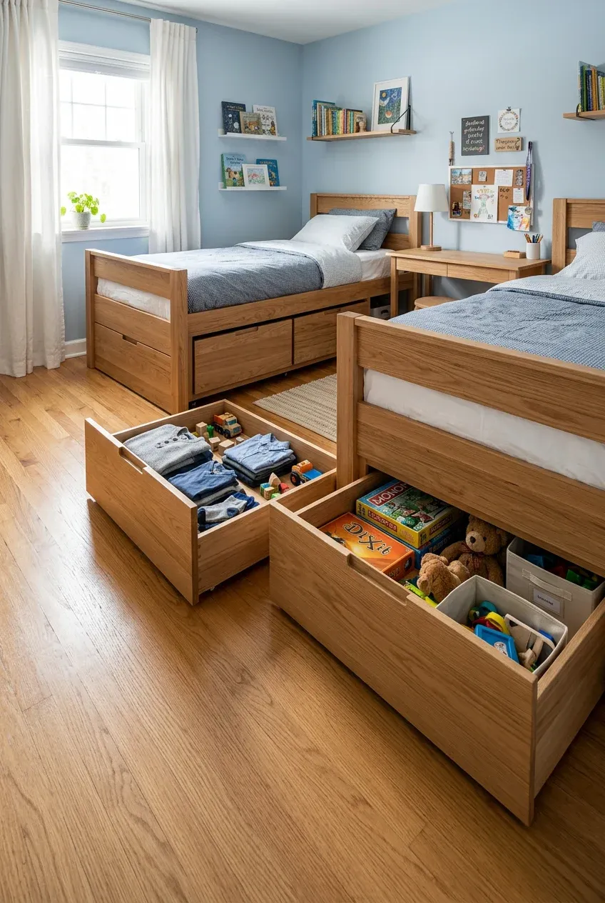 Wooden bed frames with built-in storage drawers pulled out to show an organized shared bedroom.