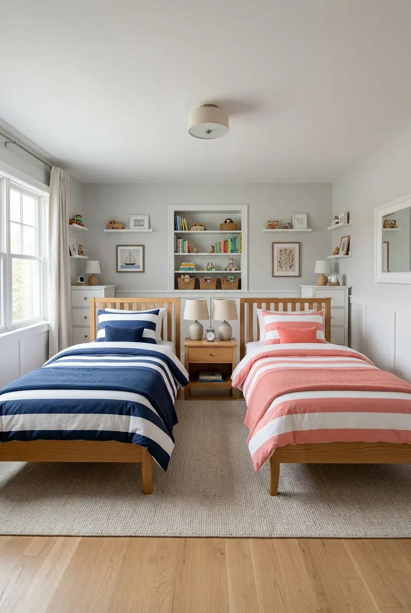 A neat shared bedroom with two twin beds featuring matching striped bedding in blue and coral colors.