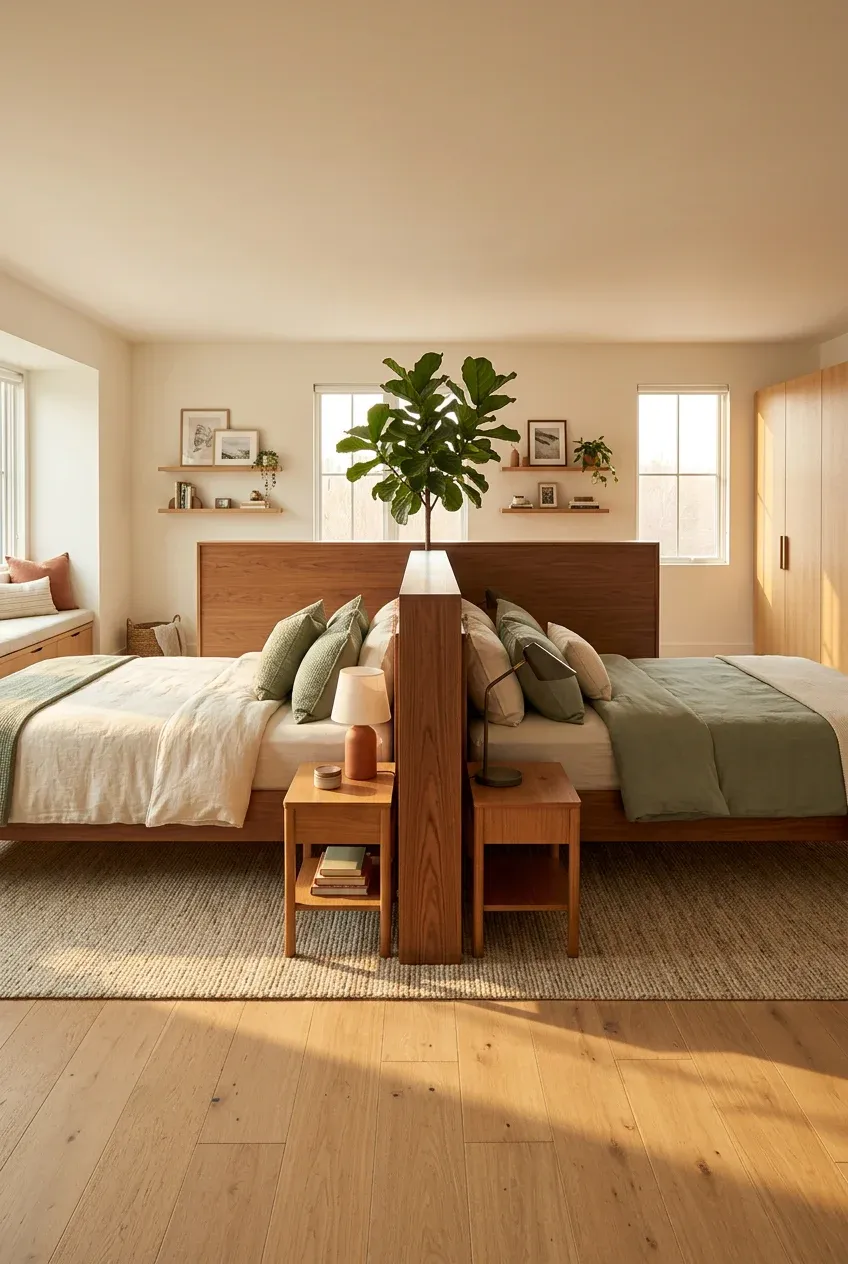 Two twin beds arranged back-to-back in the center of a room with a plant divider.
