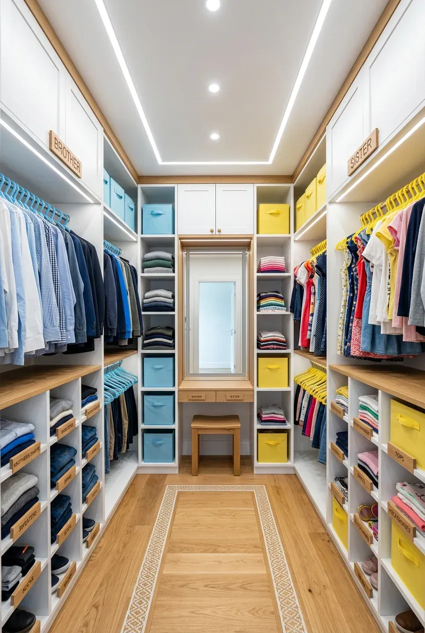 A symmetrical walk-in closet with blue and yellow organized sections and labeled storage bins.