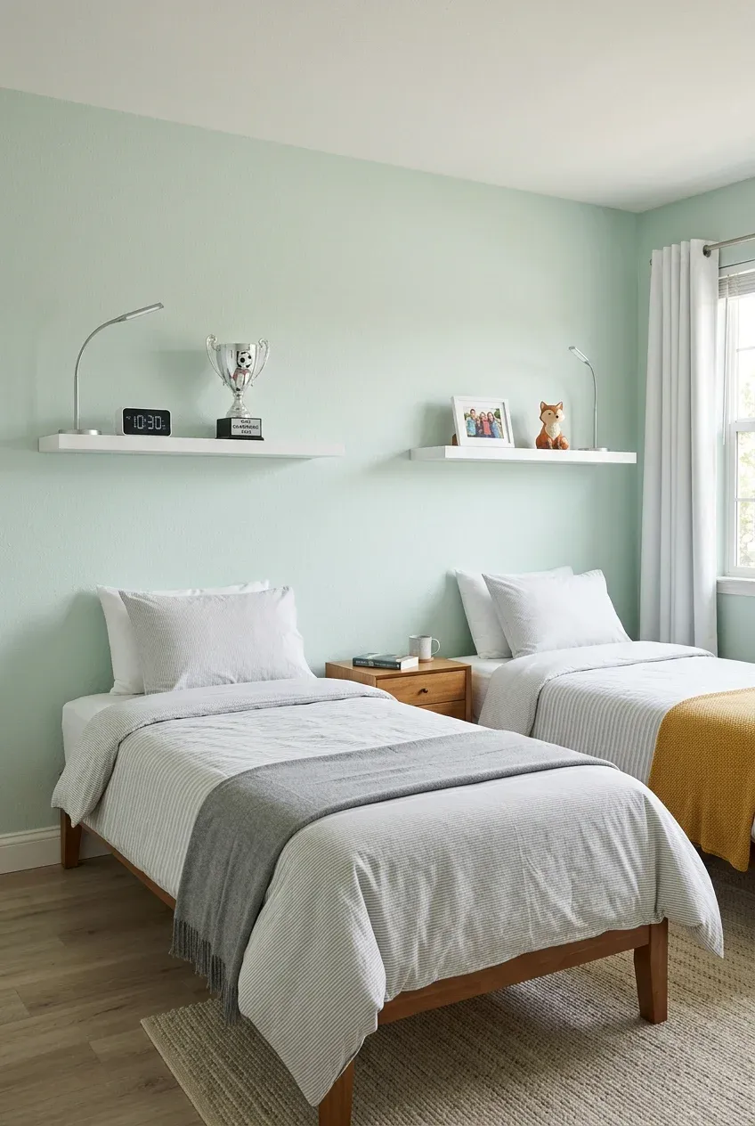 Minimalist floating shelves mounted on the wall above two beds in a shared children's room.