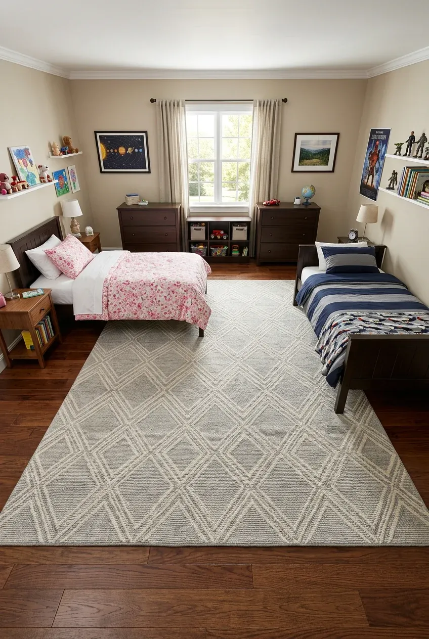 A large gray and cream geometric rug anchoring the floor space between two twin beds.