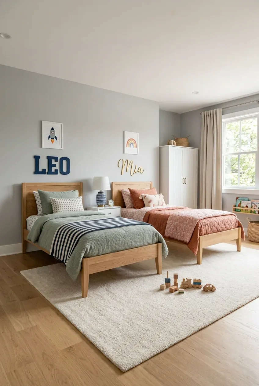 A symmetrical shared bedroom with two beds featuring personalized name signs for Leo and Mia on the wall.