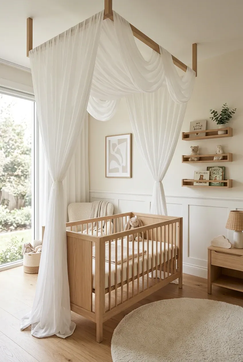 A stylish light wood crib with a flowing white canopy in a bright, airy modern nursery.
