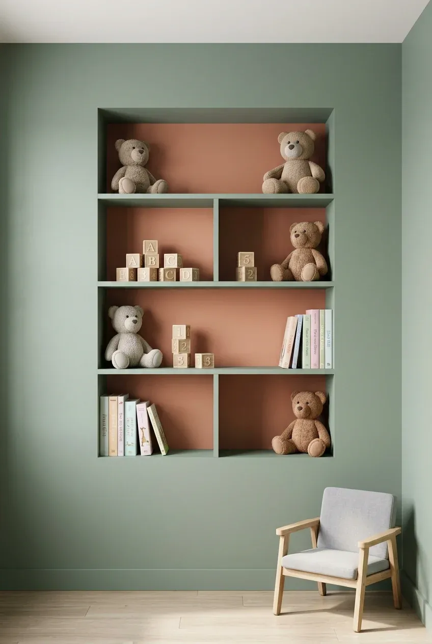 Recessed wall shelves in a nursery filled with toys and books, featuring a sage and terracotta palette.