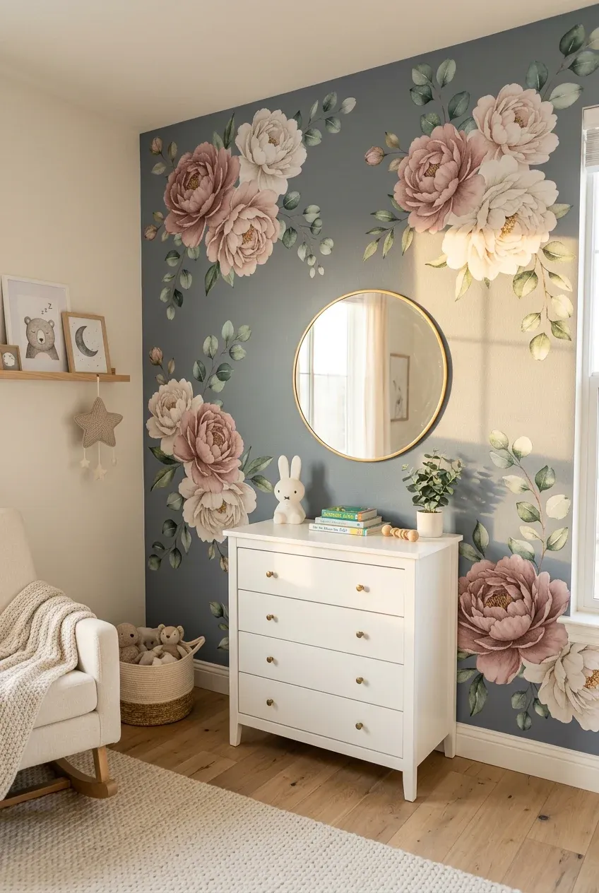 A nursery accent wall decorated with large soft floral decals and elegant gold accents.