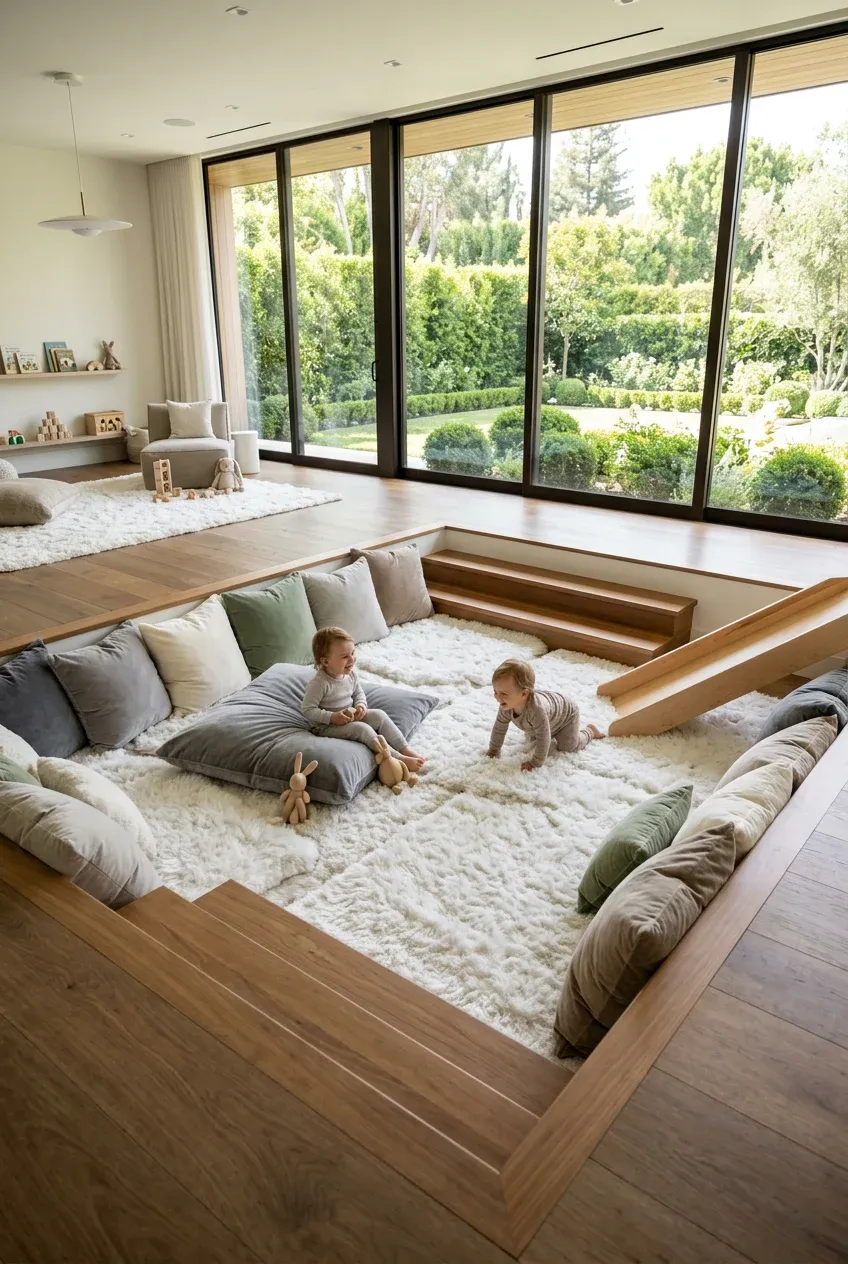 A modern sunken play zone in a nursery with plush white rugs and soft floor cushions.