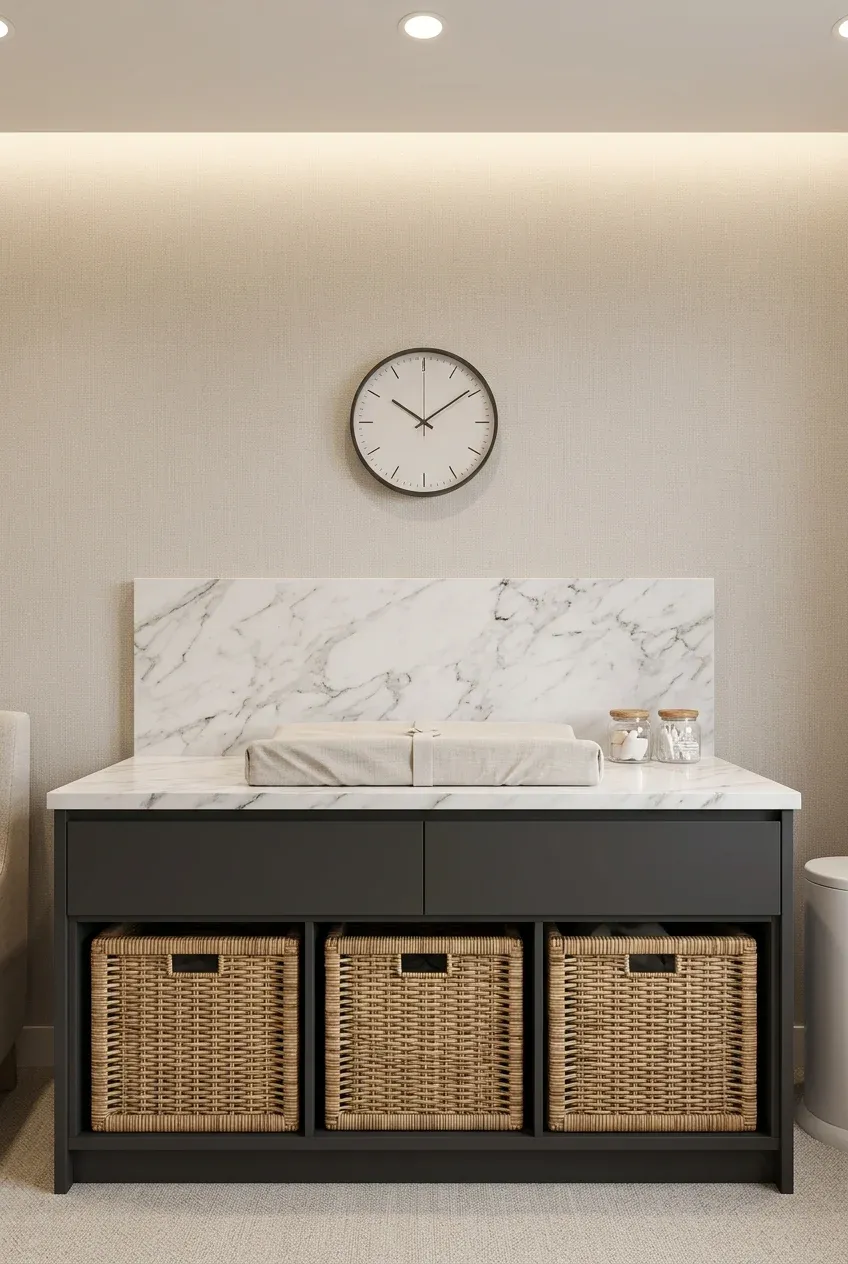 A custom charcoal and marble changing station with integrated wicker baskets in a modern nursery.