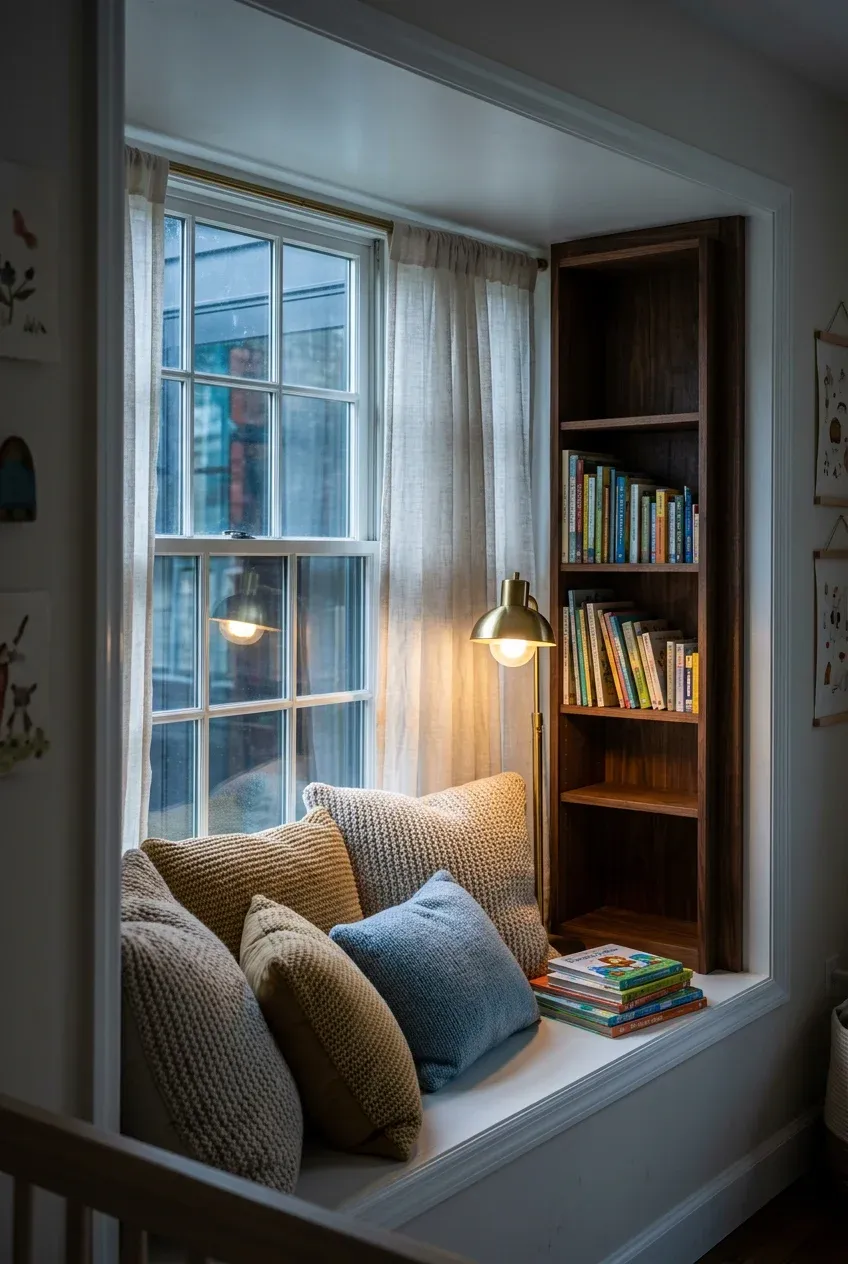 A cozy nursery reading corner with a window seat, knit pillows, and a small wooden bookshelf.