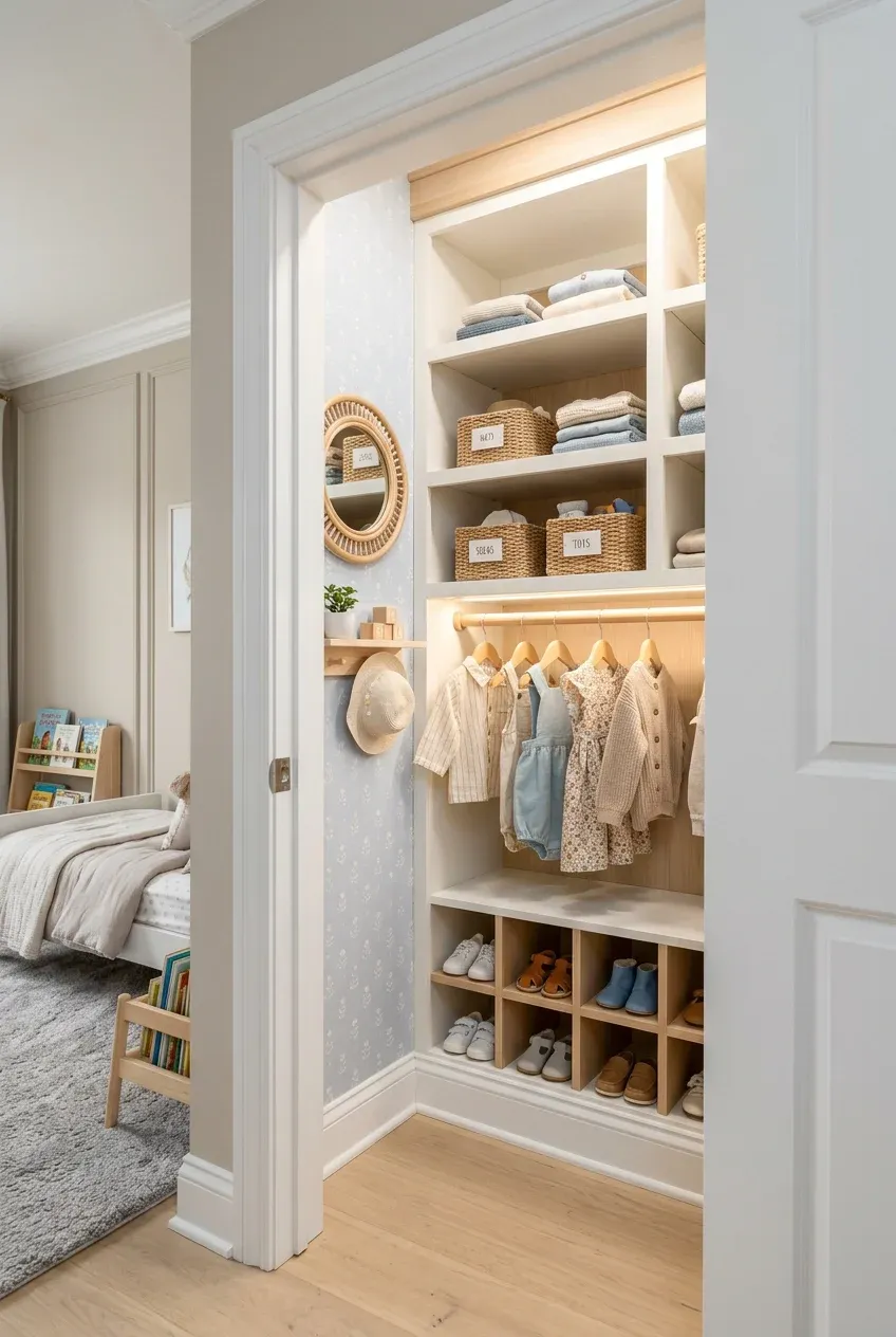 A miniature walk-in closet for a nursery with tiny clothes on hangers and organized cubbies.