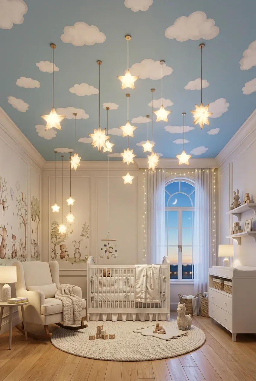 A stylish nursery with a blue cloud-patterned ceiling and glowing hanging star lights.