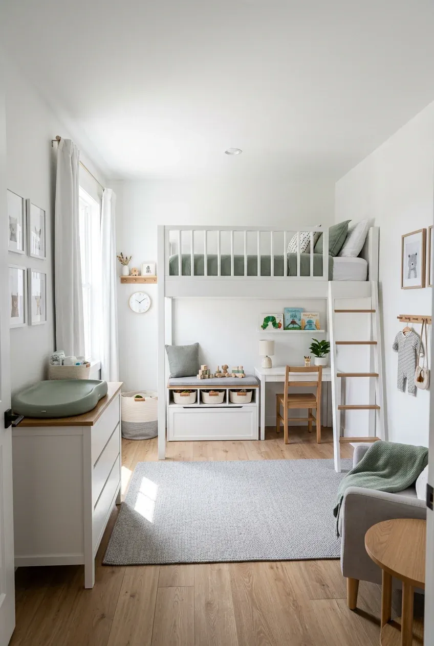 A small nursery featuring a white lofted bed with a desk underneath to save space.