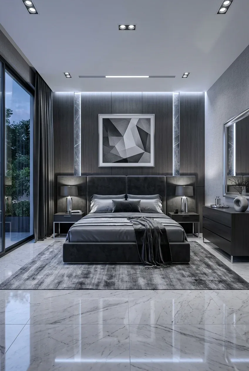 A luxury monochrome bedroom with marble floors and grey velvet furniture for a teen.